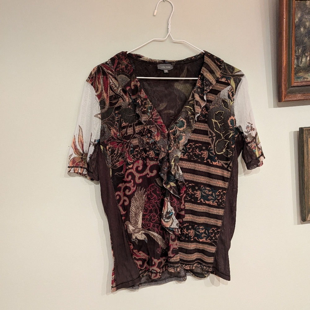 Marc Aurel Womens Medium EU 36 Sheer Mesh Overlay Button Detail Blouse Ruffle 65